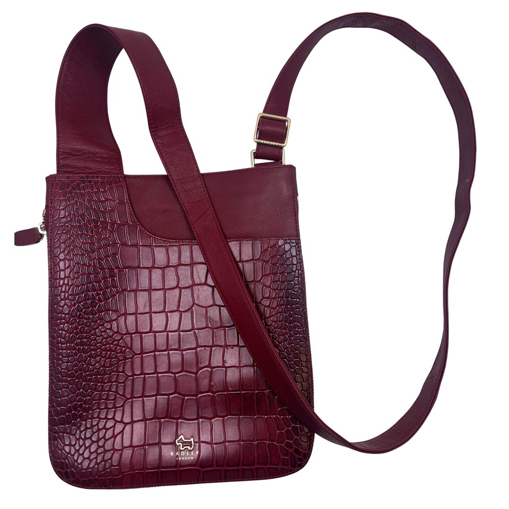 Radley London Burgundy Leather Croc Embossed Crossbody Bag Messenger Purse